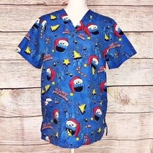 Sesame Street Blue Cookie Monster Santa Cookies Scrub Top Uniform Size S